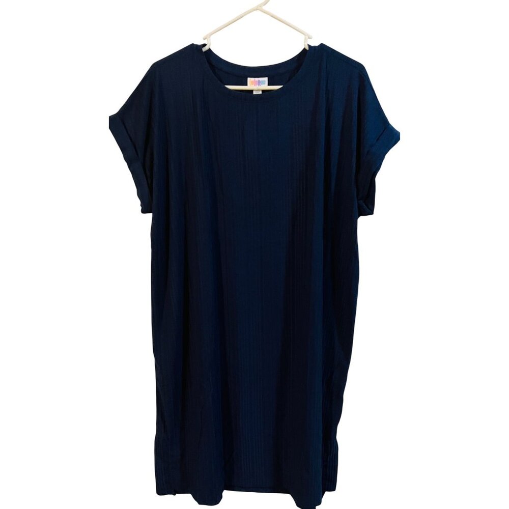 Lularoe Navy Blue Chelsea Dress XL Ribbed Pattern Comfort Stretch Cap Sleeve